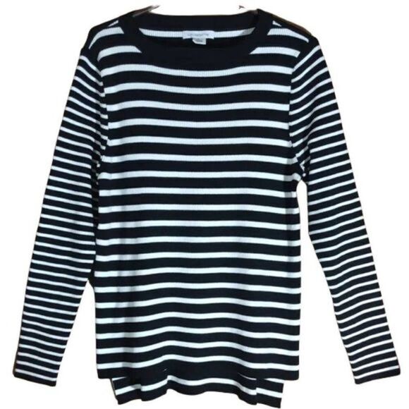 Liz Claiborne Women's Black & White Striped Fine Ribbed Knit Boatneck Tunic NWOT - Picture 1 of 7